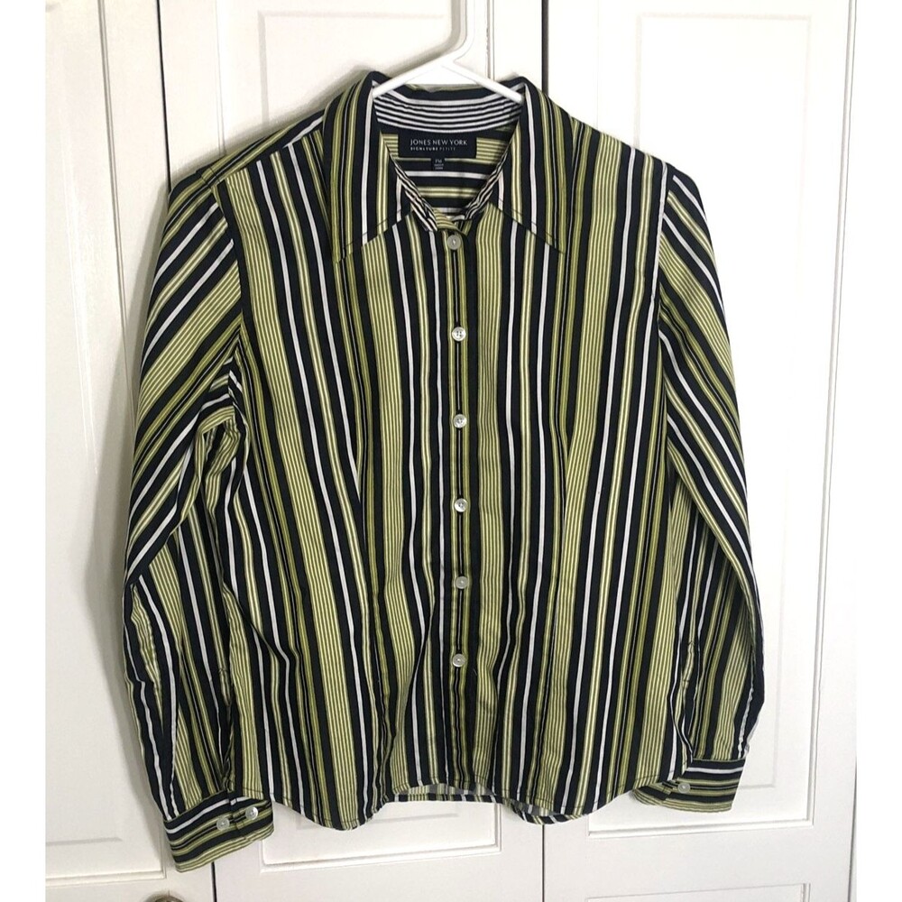 Jones New York Signature Blouse Petite Medium 100% Cotton Striped Button Up Top